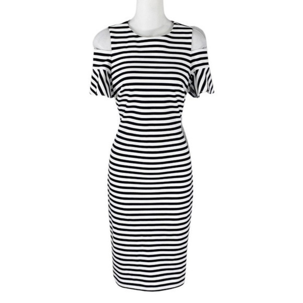 New Calvin Klein black white stripe cold shoulder ruffle sleeve sheath dress 2